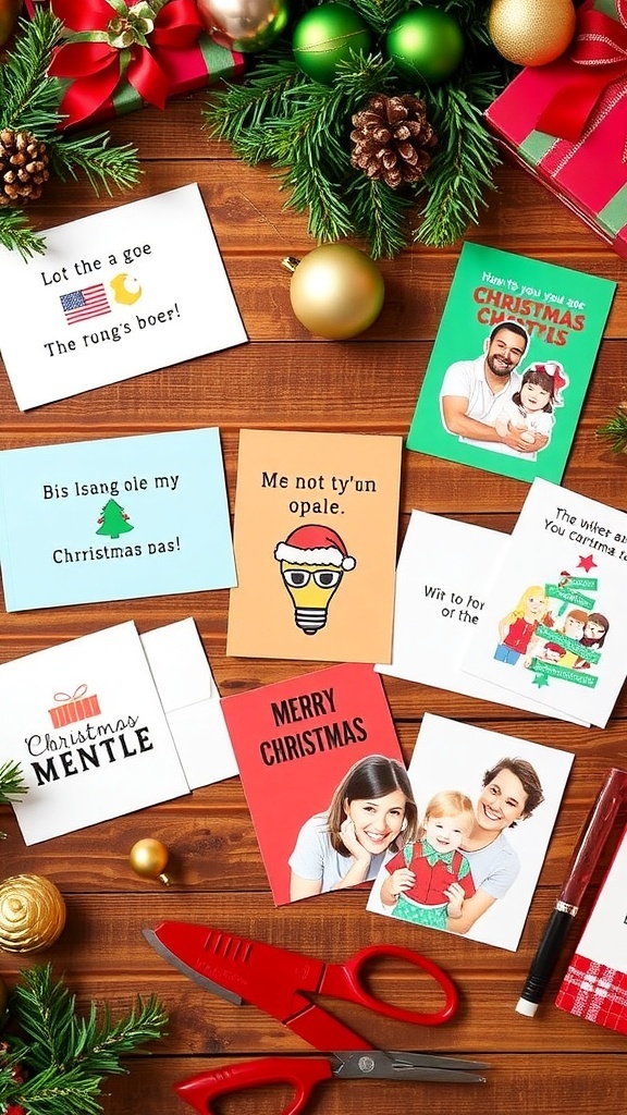 A collection of funny DIY Christmas cards with humorous designs on a festive crafting table.